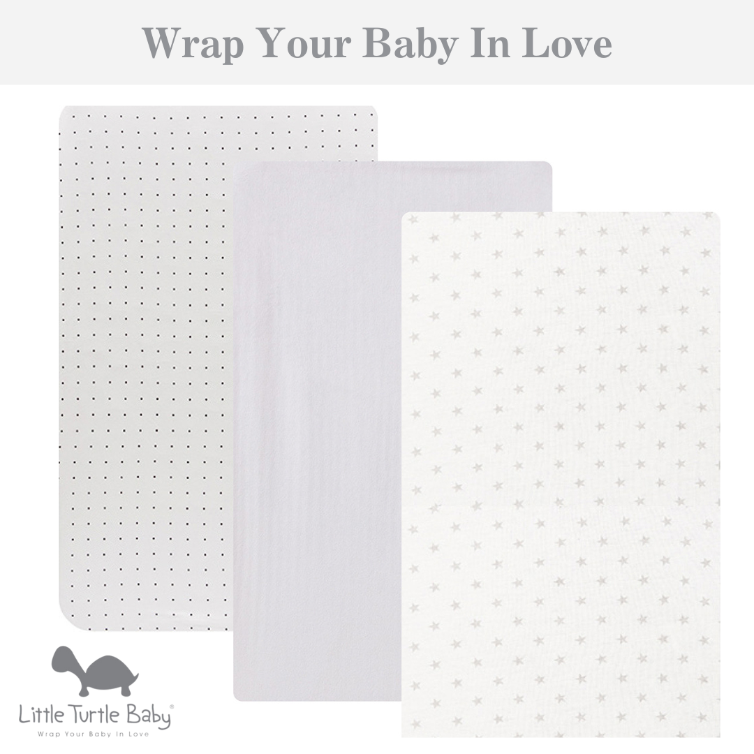 Large Rectangle Bassinet Fitted Sheets 3 Pack (91x54x20cm): Black Dots, White & Grey Stars