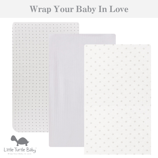 Large Rectangle Bassinet Fitted Sheets 3 Pack (91x54x20cm): Black Dots, White & Grey Stars