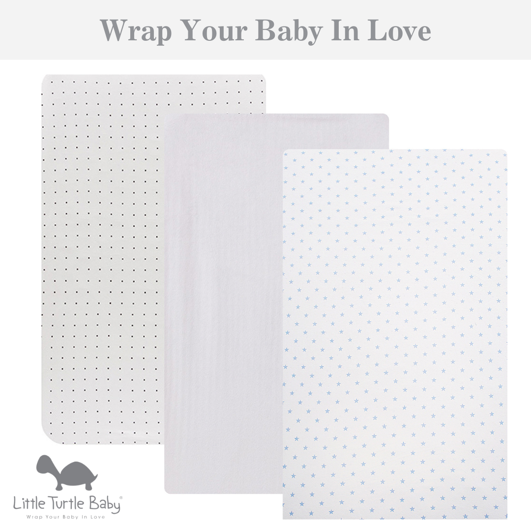 Large Rectangle Bassinet Fitted Sheets 3 Pack (91x54x20cm): Black Dots, White & Pale Blue Stars