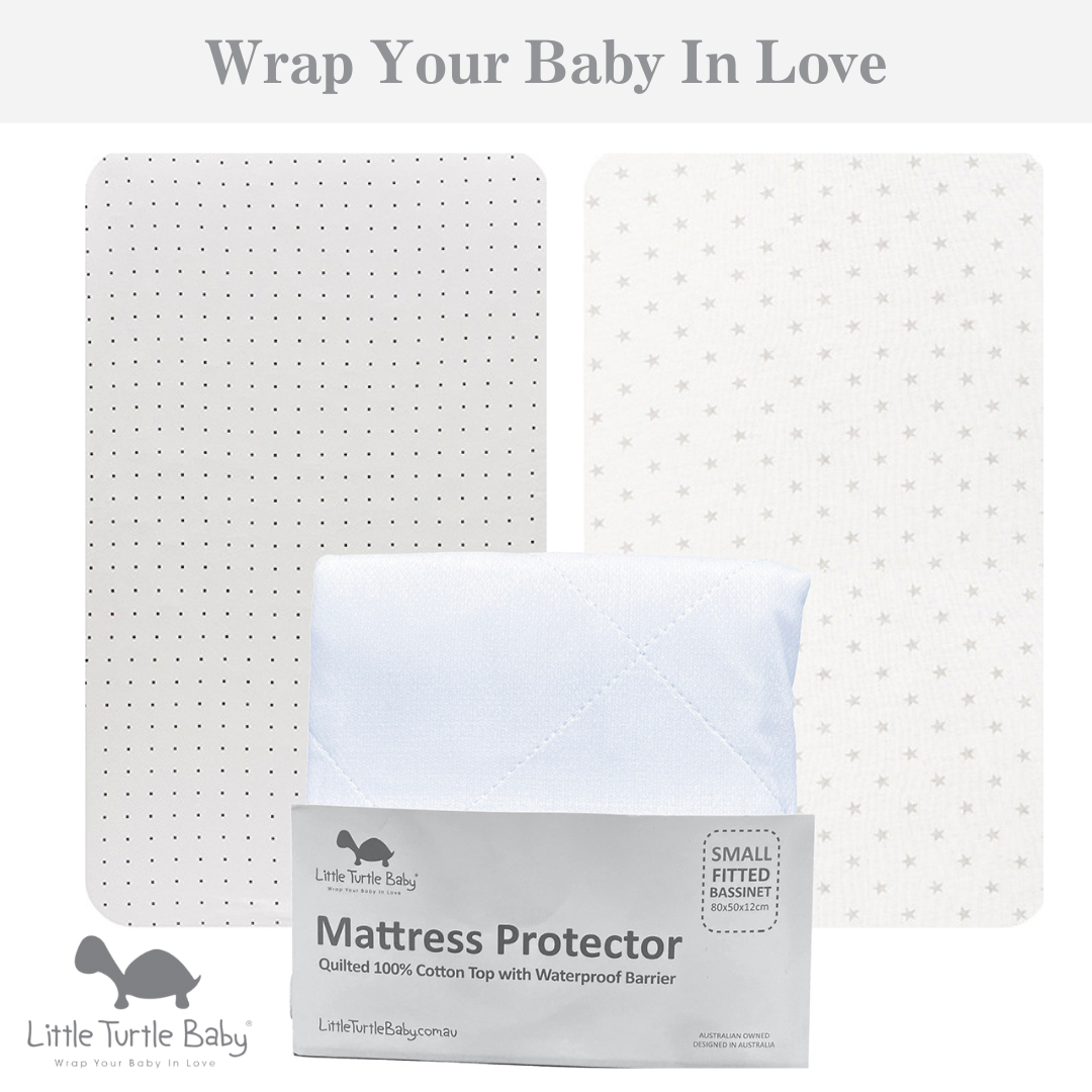 Small Bassinet Sheet & Mat Protector 3 Pack (80x50x12cm - Jersey): Black Dots, Grey Stars & Mattress Protector