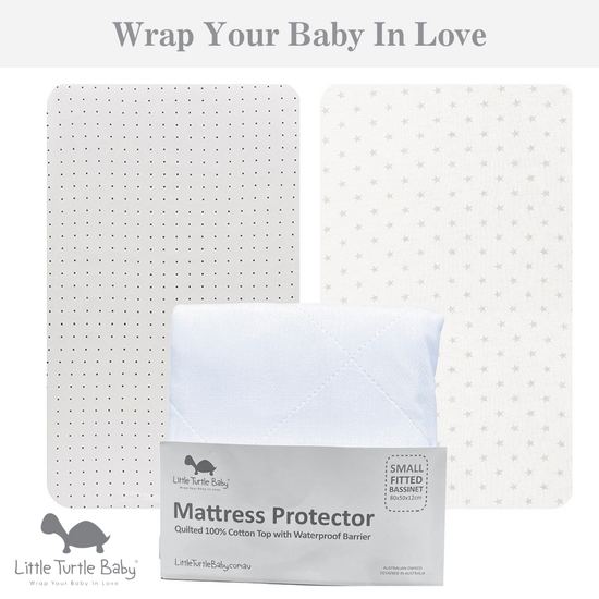 Small Bassinet Sheet & Mat Protector 3 Pack (80x50x12cm - Jersey): Black Dots, Grey Stars & Mattress Protector