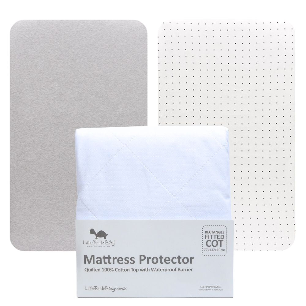 Rectangle Cot Fitted Sheet & Mat Protector 3 Pack (77x132x19cm - Jersey): Black Dots, Soft Grey Marle & Mattress Protector