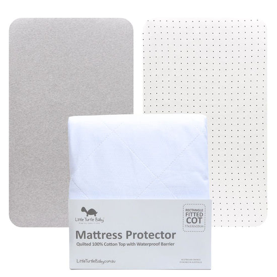 Rectangle Cot Fitted Sheet & Mat Protector 3 Pack (77x132x19cm - Jersey): Black Dots, Soft Grey Marle & Mattress Protector